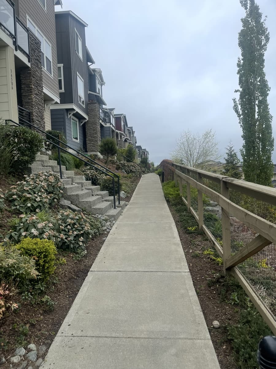 Clean sidewalk along a row of townhomes